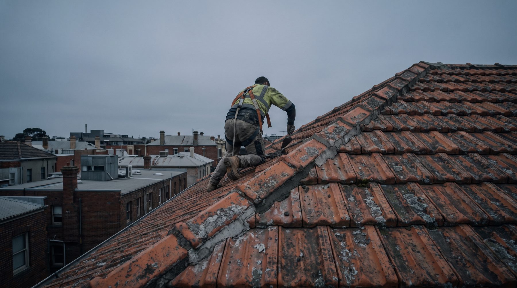 A roof tiler in a fall-arrest harness working on the ridge capping of a terracotta tile roof in Melbourne