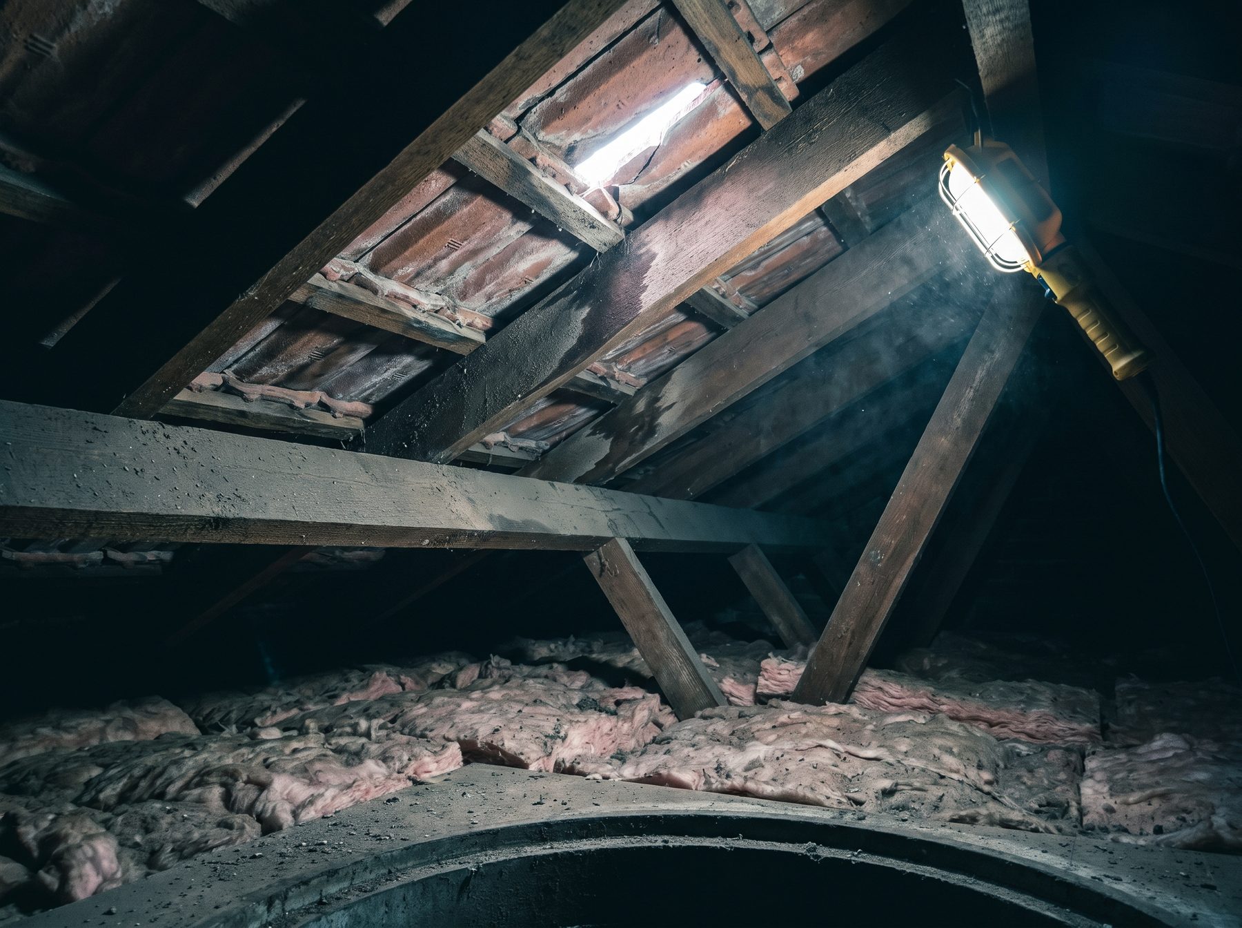 Roof cavity leak trace, water staining on rafter