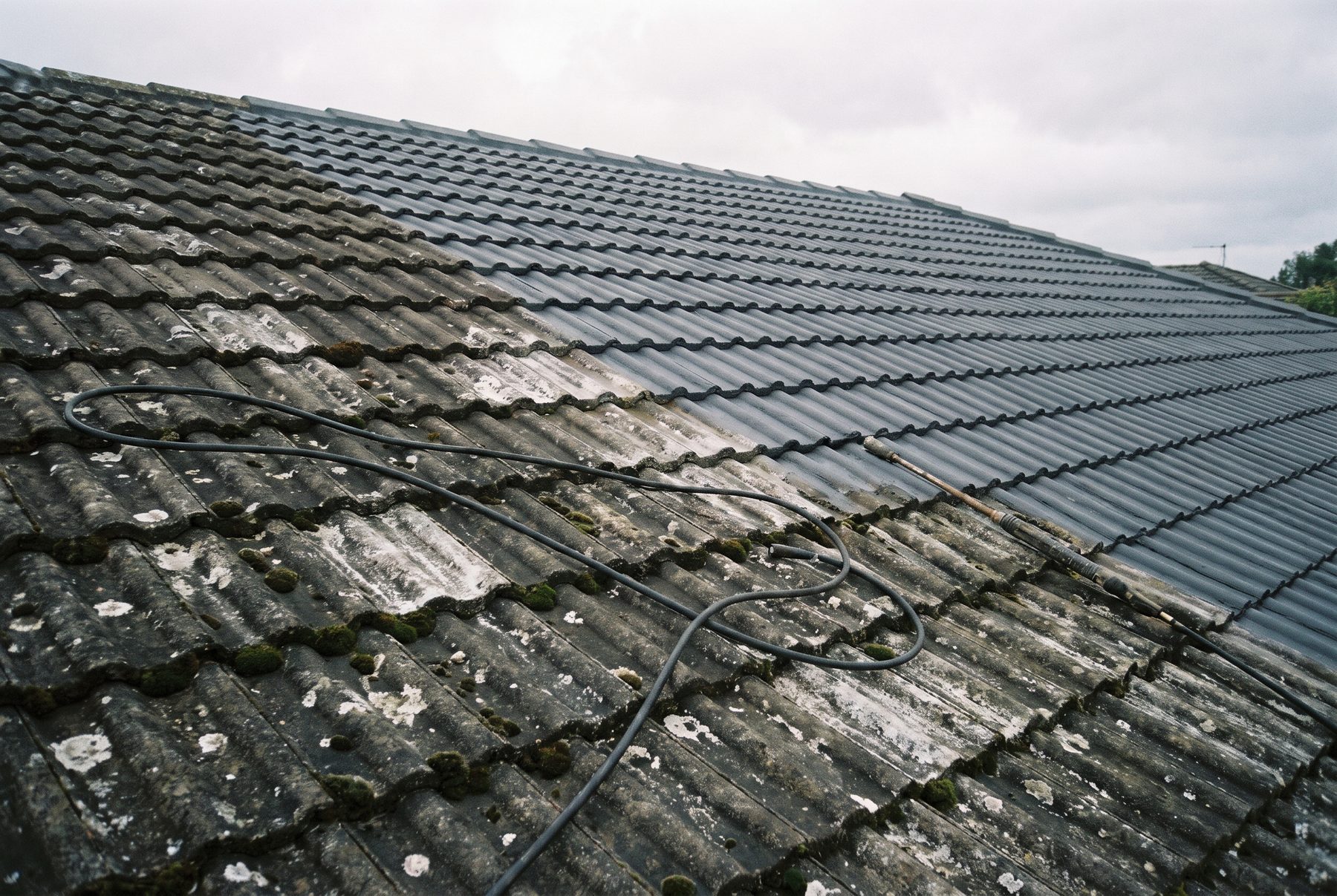 Concrete tile roof, half cleaned and recoated