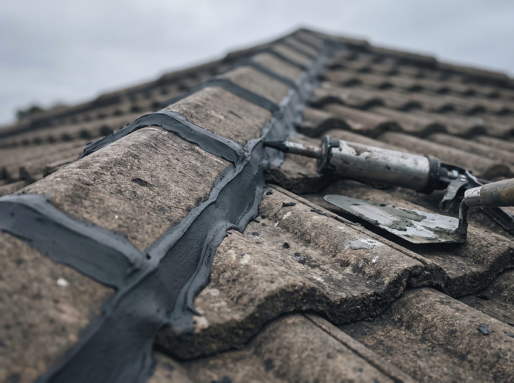Re-pointed ridge capping, concrete tile